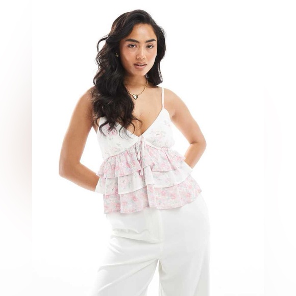 Hollister Pink Floral Ruffle V-Neck Tiered Babydoll Cami Padded Tank Top Size M - Picture 6 of 7